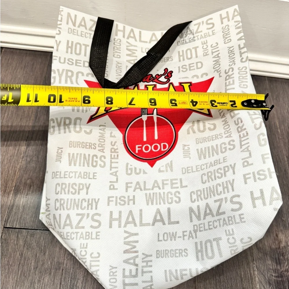 NWOT Naz's Halal Food Logo Reusable Tote Bag - White with Red & Yellow 14 x 10